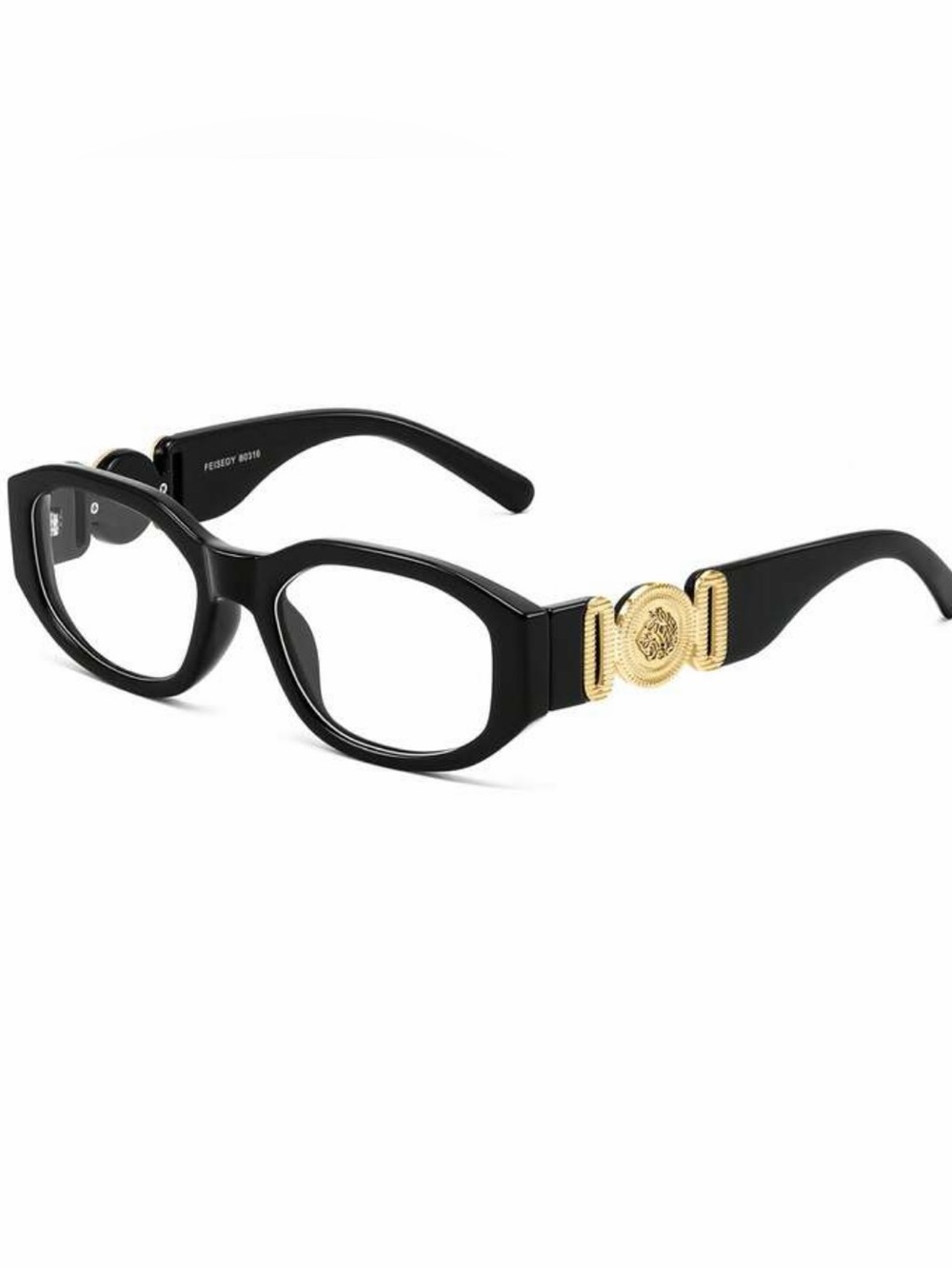 New Black Cat-Eye Glasses with Gold Medallion Accent